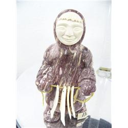 6 1/2" Soapstone Fisherman with Carved Fish by E.S.  (33)