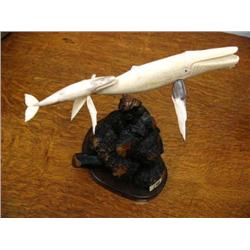 9" Fossilized Ivory Whale and 5" Fossilized Whale Mounted on Manzanita Root (1)
