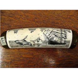 Elephant Ivory Scrimshawed Whaling Ship, 2 Whales 7 1/2"  (33)