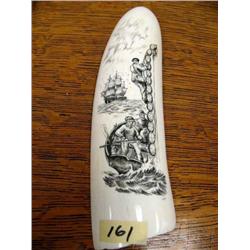 6 1/2" Elephant Tusk Tip, Scrimshawed with Sailing Vessel and Men in a Small Boat  (33)