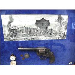 Antique Colt Pistol, Pocket Watch, Silver Dollar and Litho of early Train Station, Frame Size 20" x 