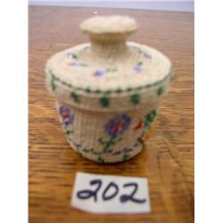 Small delicate grass basket 13/4" x 1.5" with flowers & bird decorations on sides by Patsy Rodelph -