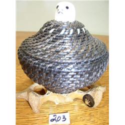 Baleen Basket 5 1/2 " h 4" wide on vertebrae with seal ivory head lid  (56)