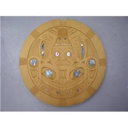 Round Relief carving with inlaid abalone shells signed S. Lewis April 2000  (56)