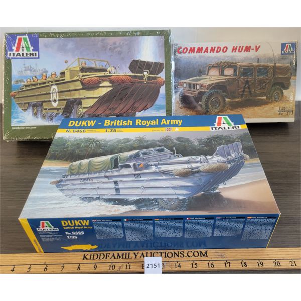 LOT OF 3 - ITALERI MODEL KITS - DUKW BRITISH ROYAL ARMY, COMMANDO HUM-V, DUKW AMPHIBIOUS TRUCK