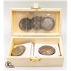 17 OLD VINTAGE COINS IN WOOD BOX