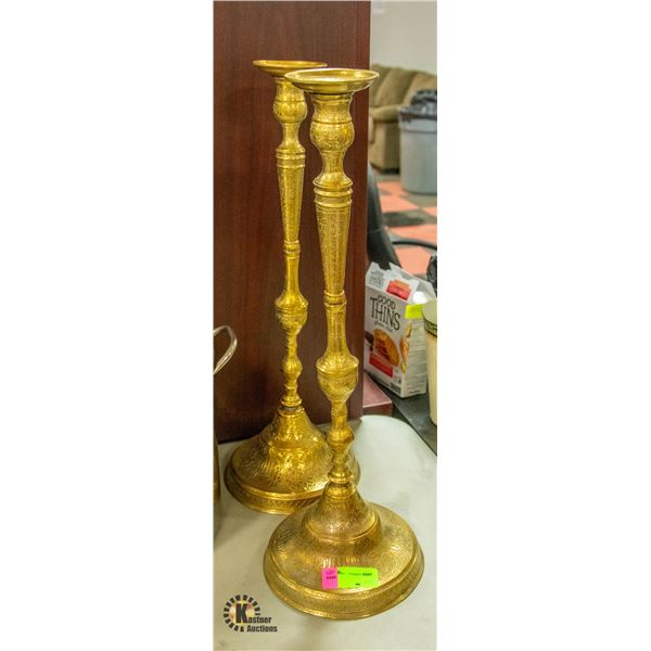 PAIR OF ETCHED BRASS CANDLE HOLDERS H-24.25"