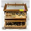 Image 1 : WOODEN JEWELRY BOX WITH ASSORTED EARRINGS