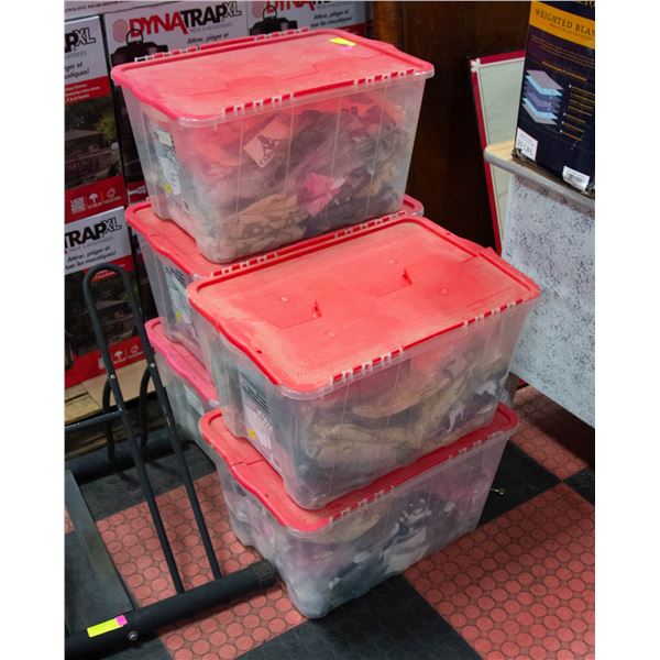 5 CLEAR STORAGE CONTAINERS WITH RED LIDS