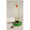 Image 1 : GREEN GLASS LAMP WITH MILK GLASS SHADE H-14"