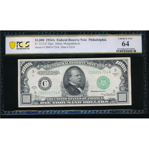 1934A $1000 Philadelphia FRN PCGS 64