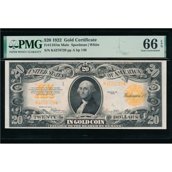 1922 $20 Mule Gold Certificate PMG 66EPQ