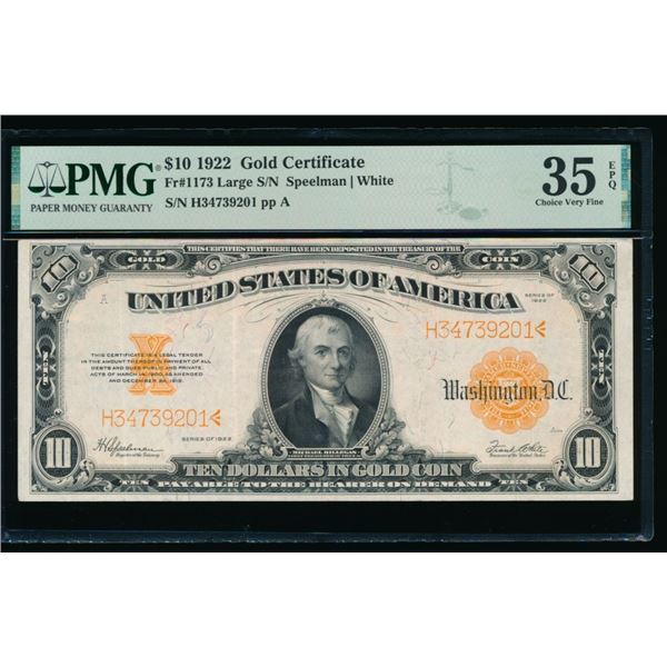 1922 $10 Gold Certificate PMG 35EPQ