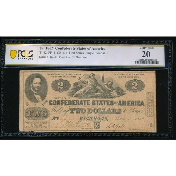 1862 $2 T-42 Confederate PCGS 20