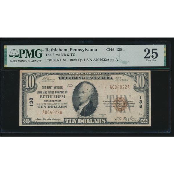 1929 $10 Bethlehem PA National PMG 25