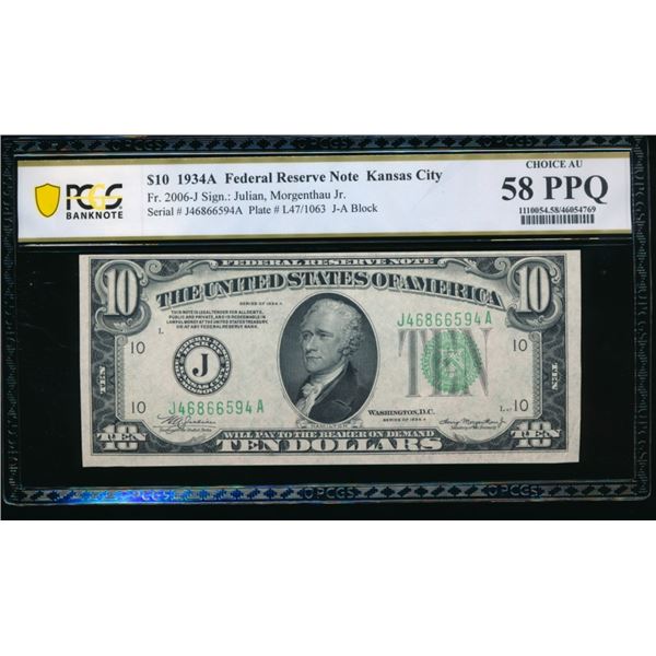 1934A $10 Kansas City FRN PCGS 58PPQ