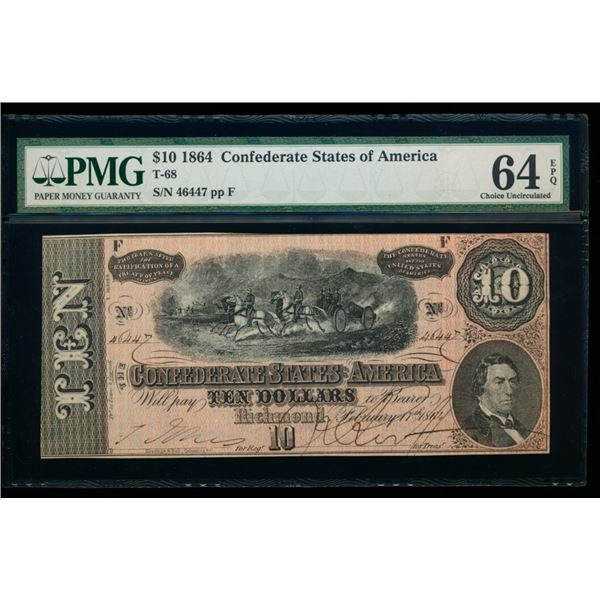 1864 $10 T-68 Confederate PMG 64EPQ