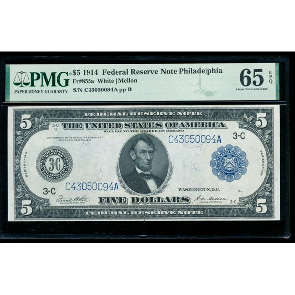1914 $5 Philadelphia FRN PMG 65EPQ