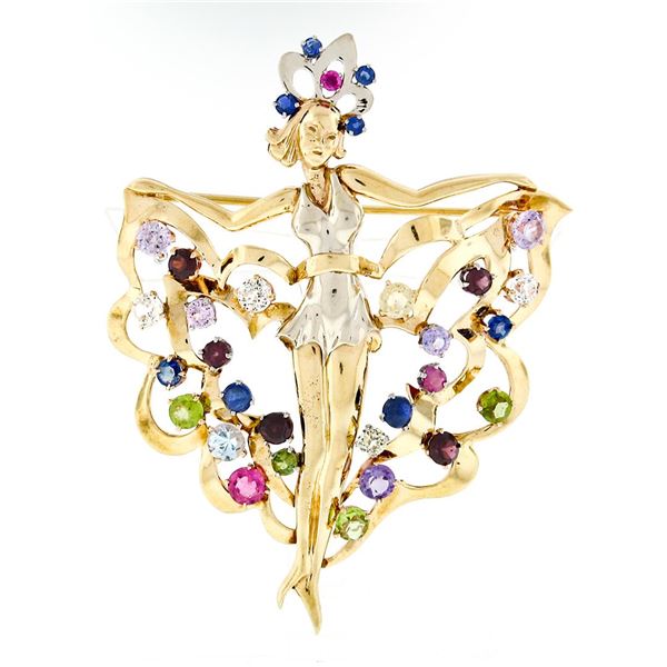 Vintage 14k Two Tone Gold Large Ballerina Dancing Woman & Colored Stone Brooch