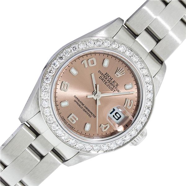 Rolex Ladies Quickset Salmon Arabic Diamond Datejust Wristwatch 26MM