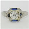 Image 1 : Antique Art Deco 18k White Gold 0.65 ctw European Diamond and Sapphire Ring