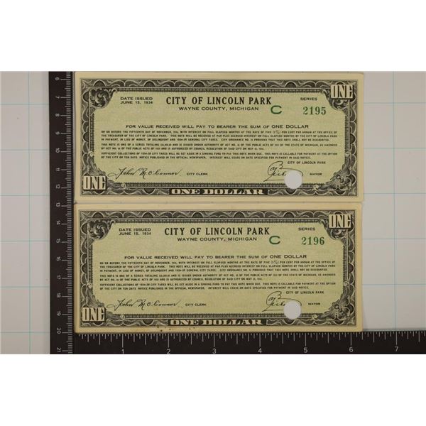 2-1934 LINCOLN PARK MICHIGAN $1 TAX CERTS. CRISP
