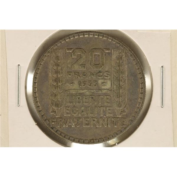 1933 FRANCE SILVER 20 FRANCS .4372 OZ. ASW
