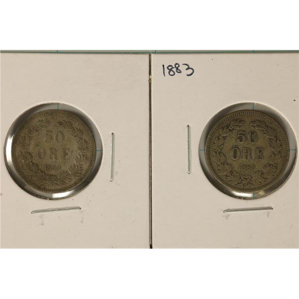 1883 & 1898 SWEDEN SILVER 50 ORE .193 OZ. ASW