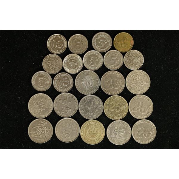 24 ASSORTED METAL CASINO TOKENS: 12-TWENTY FIVE