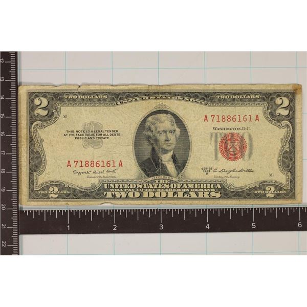 1953-B US $2 RED SEAL NOTE SMALL STAIN TATTERED
