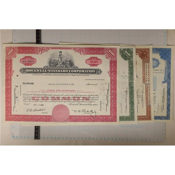 4 VINTAGE STOCK CERTIFICATES: 1967 ROCKWELL