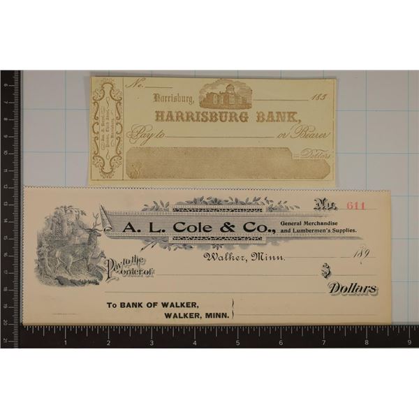 2-CIRCA 1800'S BLANK BANK CHECKS HARRISBURG BANK