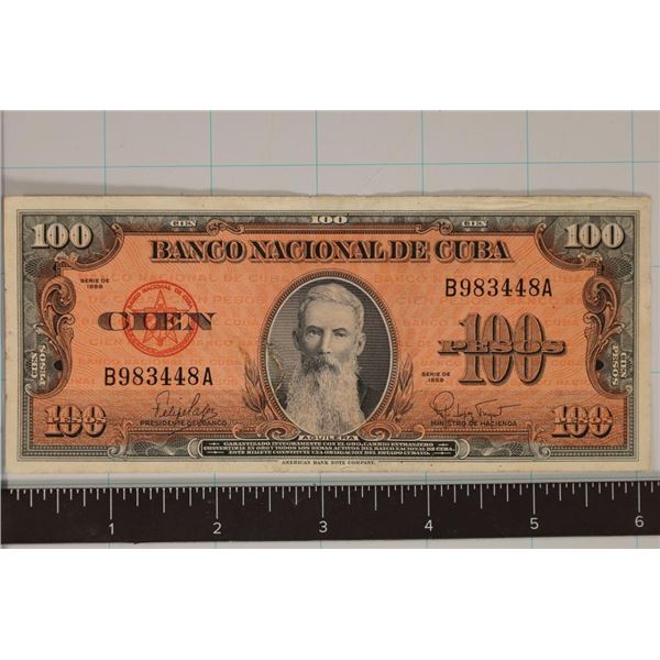 1959 CUBA 100 PESO CRISP BILL WITH SMALL CUT LEFT