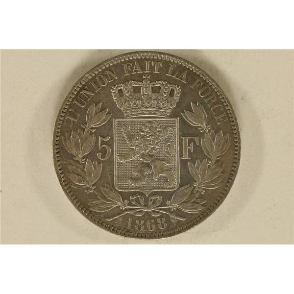 1868 BELGIUM SILVER 5 FRANCS .7234 OZ. ASW