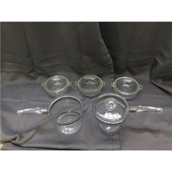 Lot of 4 Pyrex Covered Bowls, Glass Double Boiler