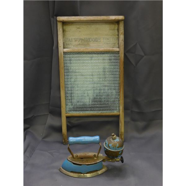 Lot of 2 Vintage Antique Washboard Walter Woods, and Porcelain Blue