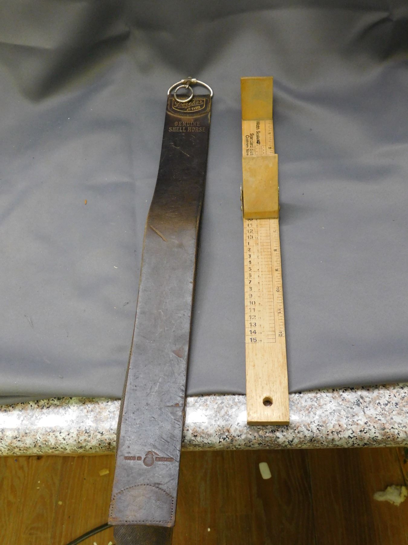 Lot of 2 Wooden Shoe Sizer and Leather Strop Razor Sharpener for Barber