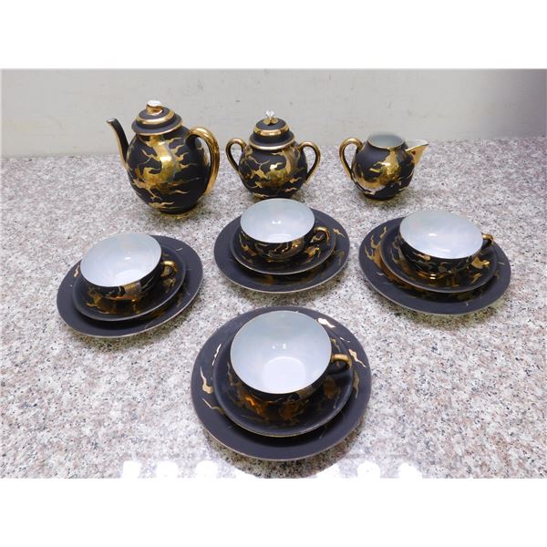 Antique Japanese / Chinese Tea Set Black and Gold Detailing 4 Trios, Tea Pot, Cream Sugar Dragons