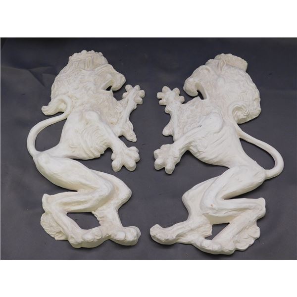 Pair of Pottery Ceramic Lions Coat of Arms Royal 16" tall Wall Decor