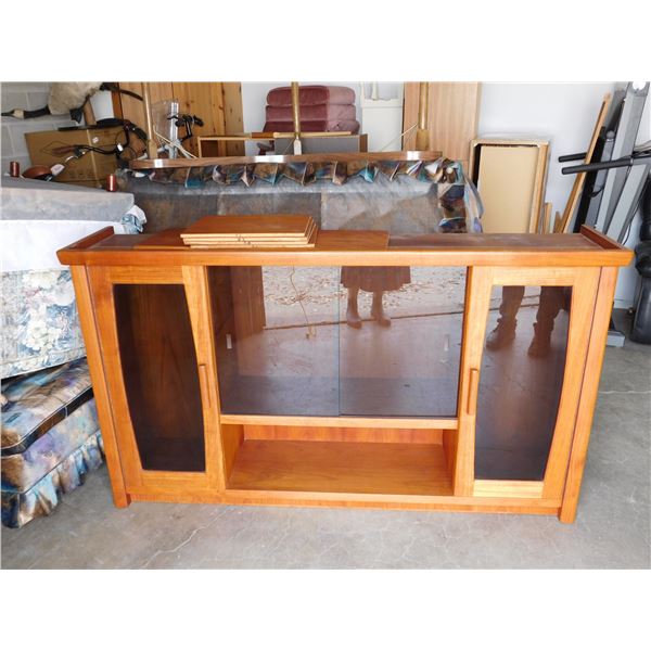 Large Teak Hutch Topper with Shelves, Glass Doors