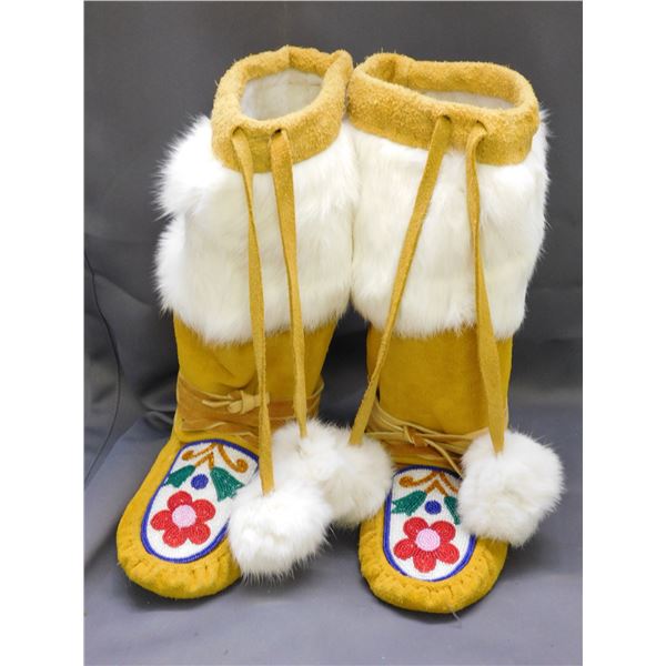 Vintage Moose Hide Animal Fur Mukluks with Intricate Beadwork Handmade Aboriginal Native