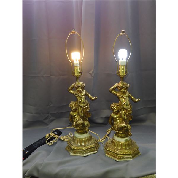 Pair of Gold Tone Metal Cherub Lamps *working* Fine Marble Base Made in