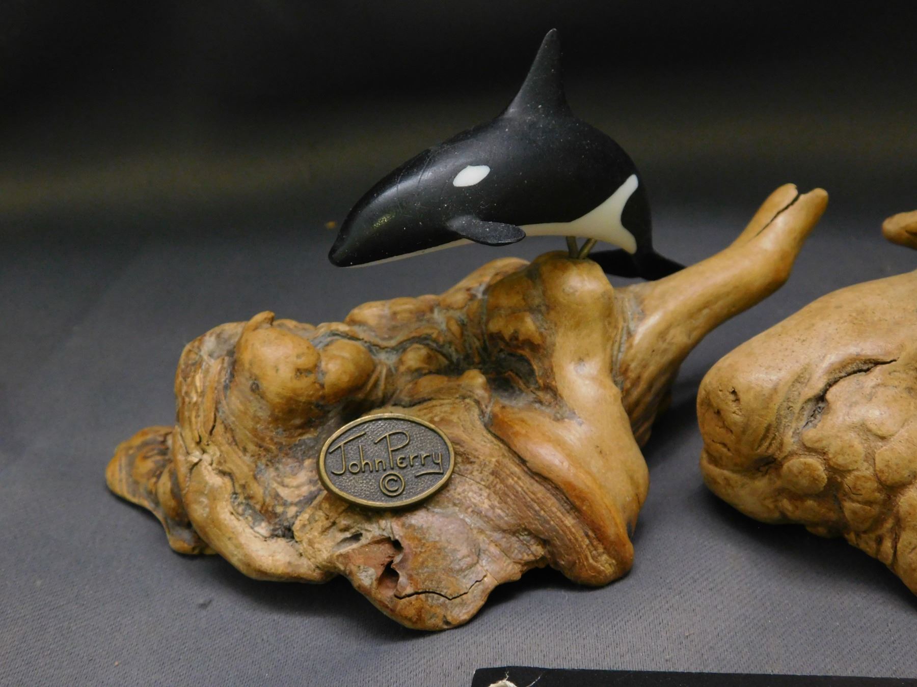 John Rey Orca Lot of 3 John Perry Studios INC Killer Whale Orca Sculptures on Driftwood
