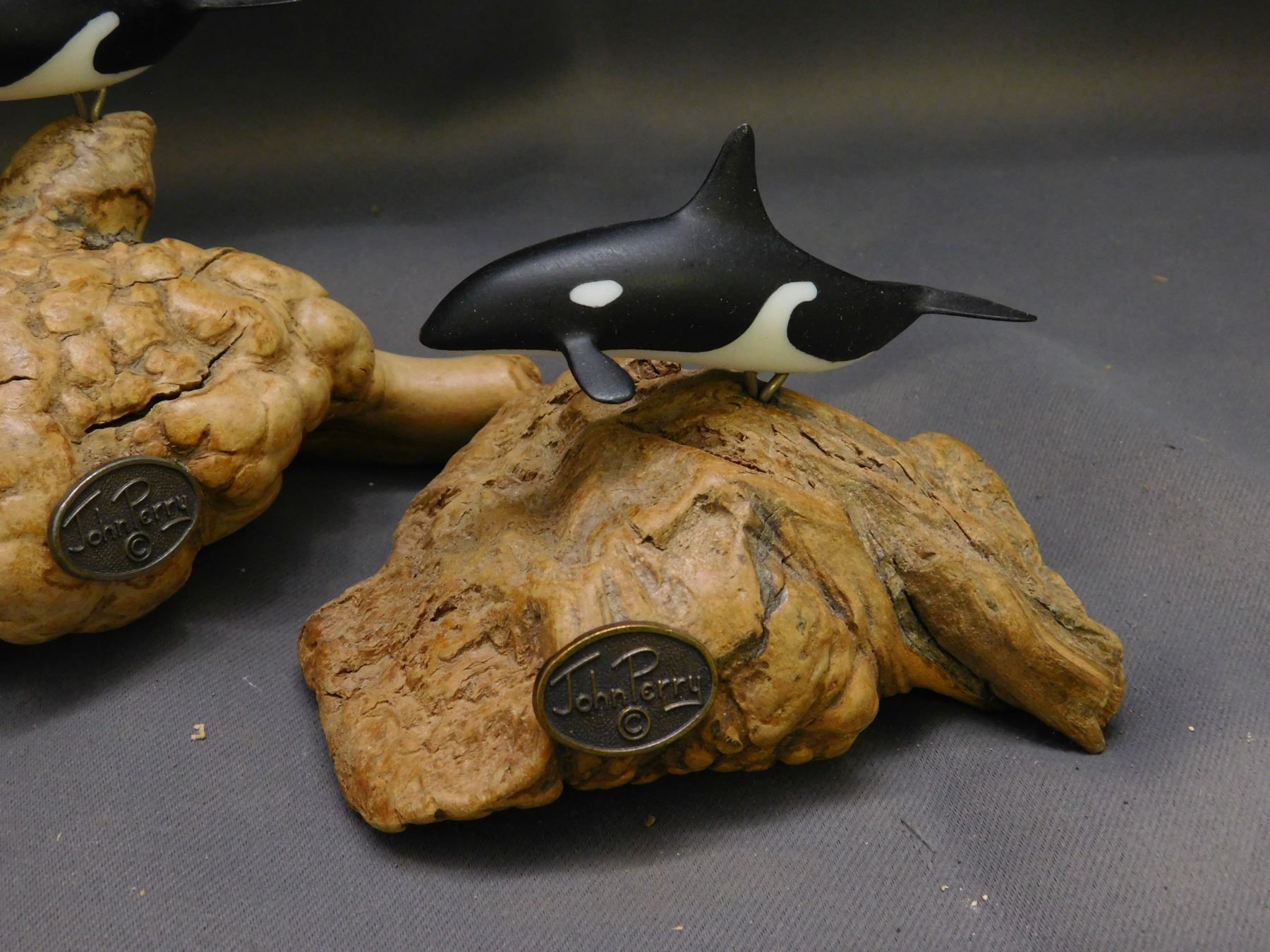 John Rey Orca Lot of 3 John Perry Studios INC Killer Whale Orca Sculptures on Driftwood