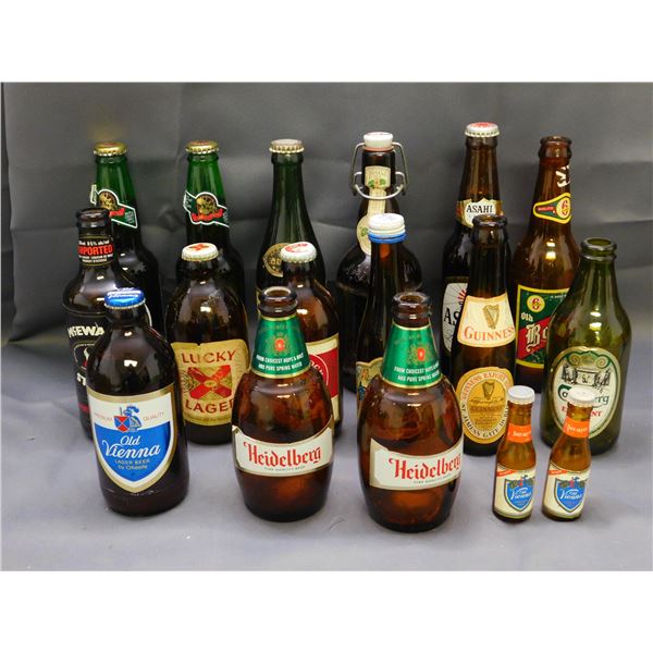 Lot of 17 Vintage Beer Bottles Asahi, Guinness, Lucky, Heidelberg