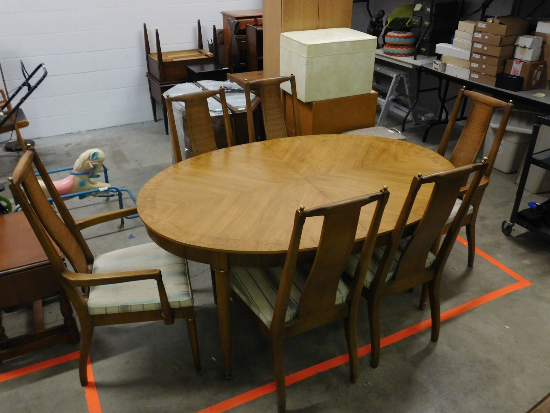 Solid Wooden Dining Table Set with 3 Extra Leafs, Six Upholstered Chairs