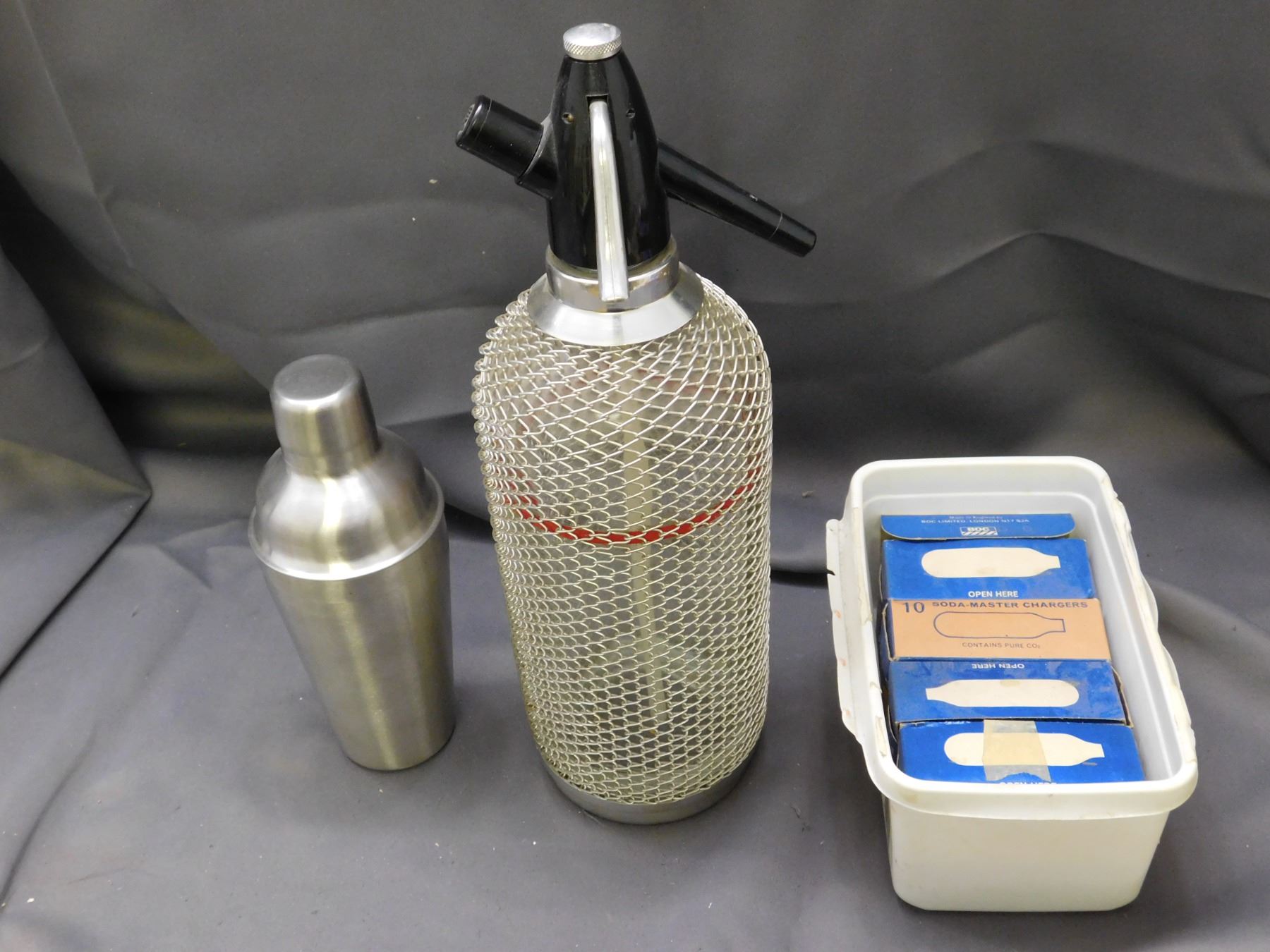 Lot of Seltzer Bottle, Soda Water Dispenser, Cocktail Mixing Cup and