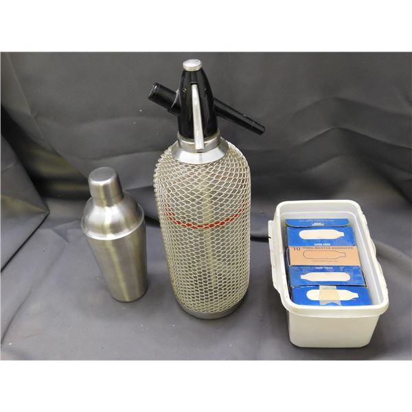 Lot of Seltzer Bottle, Soda Water Dispenser, Cocktail Mixing Cup and