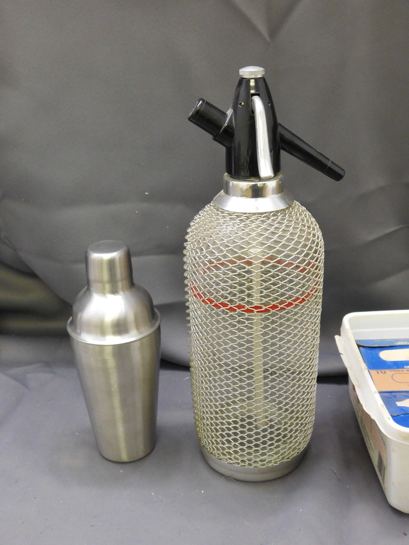 Lot of Seltzer Bottle, Soda Water Dispenser, Cocktail Mixing Cup and