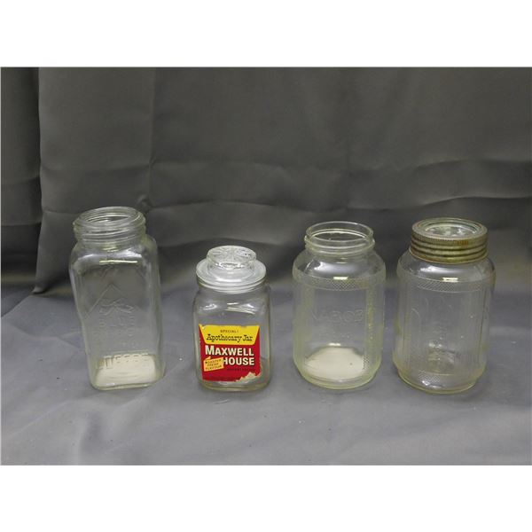 Lot of 4 Vintage Coffee Jars Nabob, Maxwell House, Blue Ribbon 2 with lids.